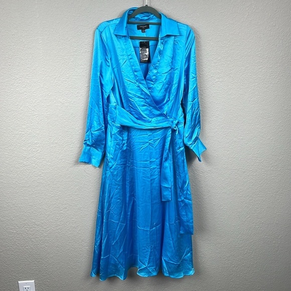 NWT TAHARI ASL Collared Midi Dress In Blue Faux Wrap Long Sleeve Sz 8 - Picture 3 of 14